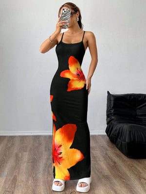 Flowers Printed Spaghetti Strap Maxi Dresses