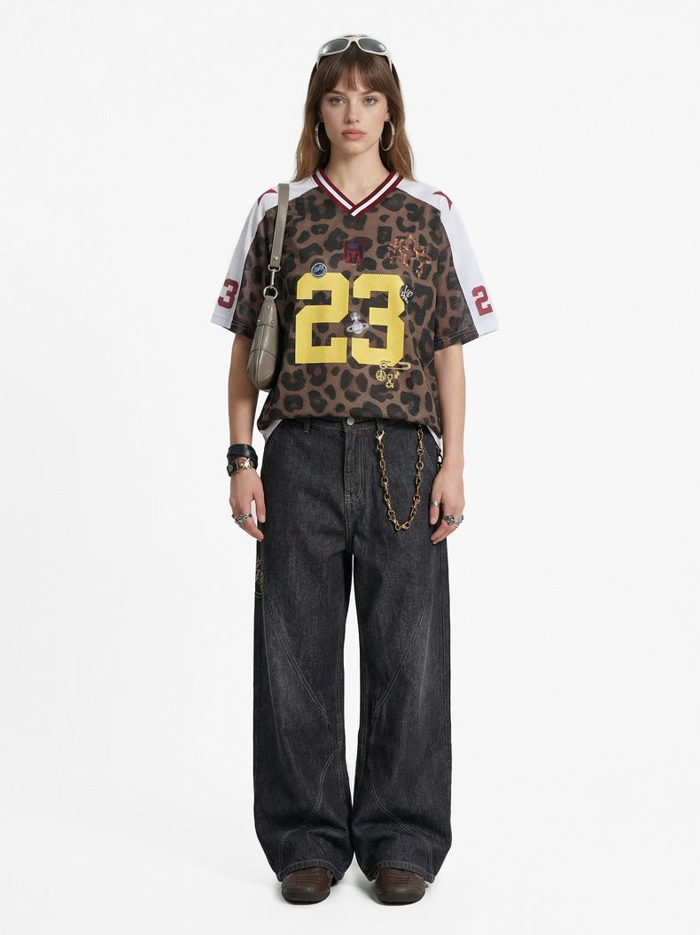 Retro Leopard Print Printed Net Hole Jersey Breathable T-shirts