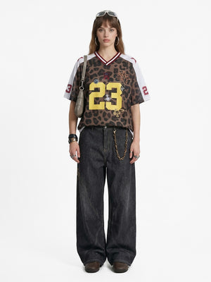 Retro Leopard Print Printed Net Hole Jersey Breathable T-shirts