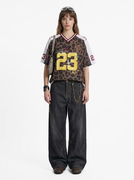 Retro Leopard Print Printed Net Hole Jersey Breathable T-shirts