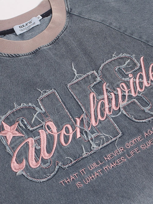 Patches Embroidery Gradient Personality Denim T-shirt