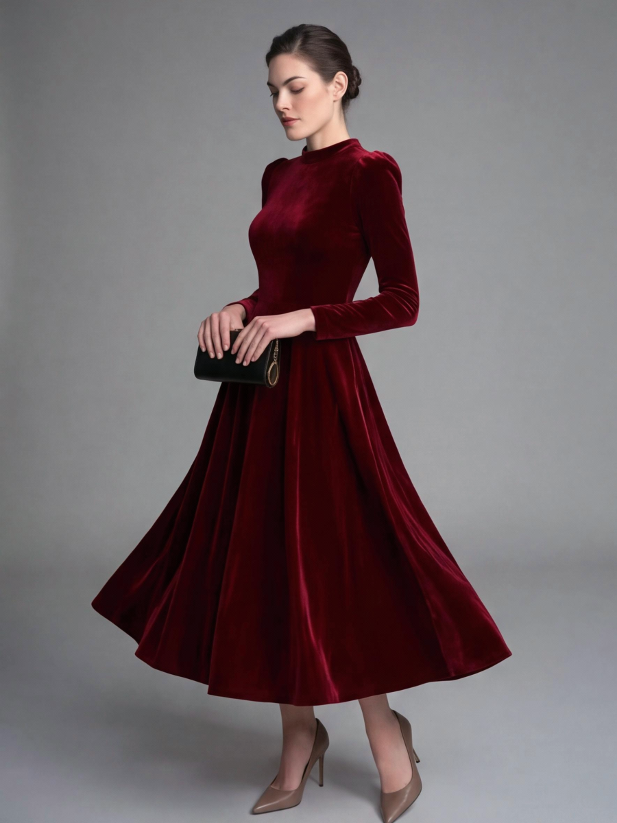 Long Sleeves Solid Color Velvet Maxi Dresses