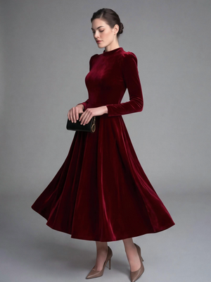 Long Sleeves Solid Color Velvet Maxi Dresses