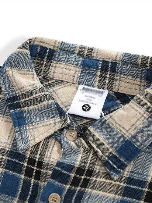 Contrasting Colors Plaid Loose Lapel Raw Edge Buttons Long-sleeved Shirt