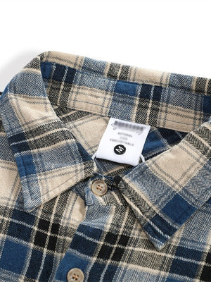 Contrasting Colors Plaid Loose Lapel Raw Edge Buttons Long-sleeved Shirt