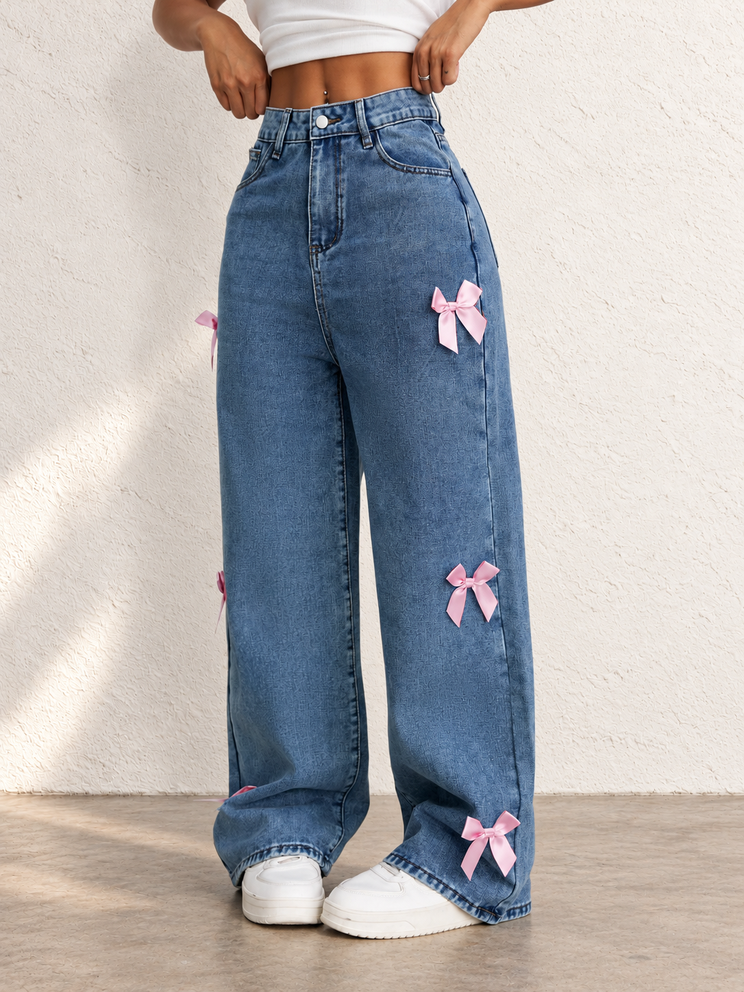 Women's Autumn/Winter High-Waisted Wide-Leg Jeans With Bow Decoration