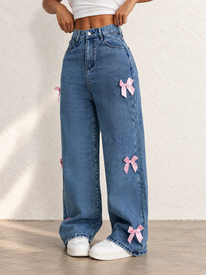 Women's Autumn/Winter High-Waisted Wide-Leg Jeans With Bow Decoration