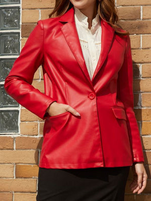 Single Button Pocket Solid Color Leather Jacket
