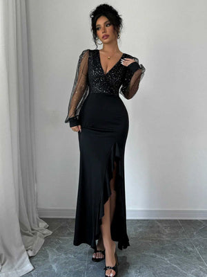 V-neck High-waisted Sequins Splicing Maxi Dresses