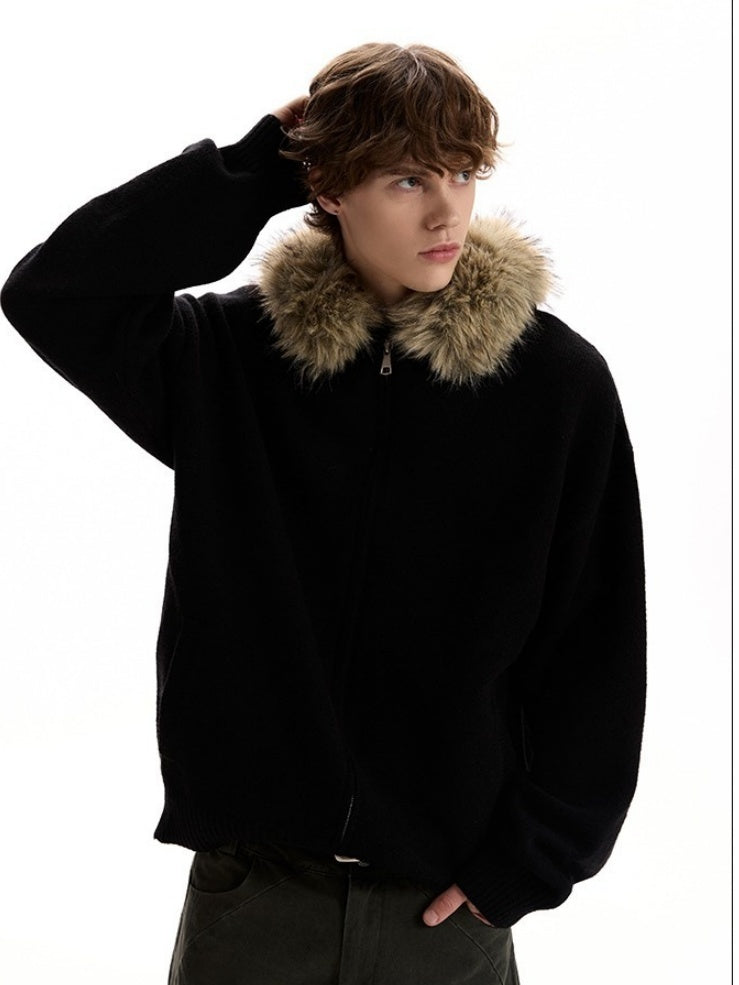 Fur Collar Hooded Knitting Cardigan Coat
