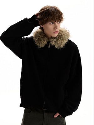 Fur Collar Hooded Knitting Cardigan Coat