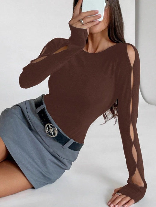 Sexy Long-sleeved Round Neck Solid Color Hollow-out T-shirt