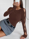 Sexy Long-sleeved Round Neck Solid Color Hollow-out T-shirt