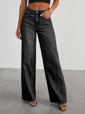 Wide-leg Side Seam Splicing Ground Edge Hem Pocket Jeans