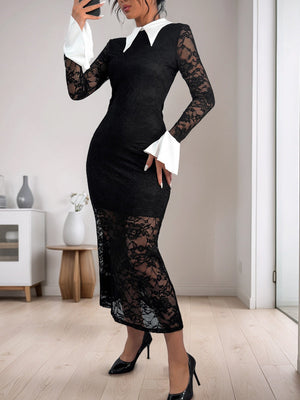 Lace Splicing Color-blocked Collar Slim-fit Hip-hugging Maxi Dresses