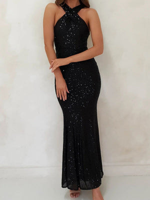 Neckband Evening Gown Sleeveless Sequined Long Dress