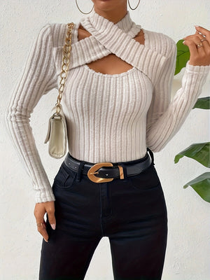 Halter Neck Crossover Long-sleeved Brushed Ribbed Knit T-shirt Top Sweater