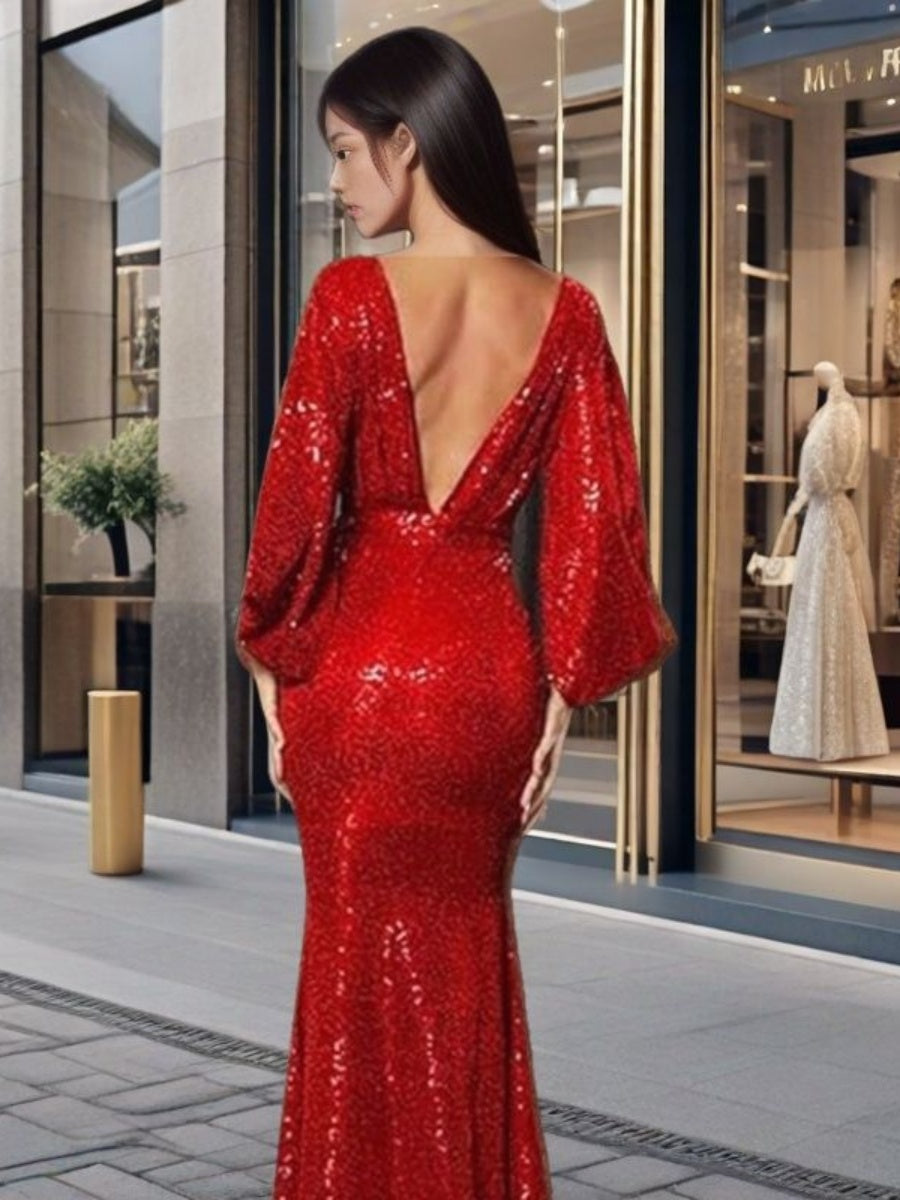 Fishtail Skirt With Deep V-neck Batwing Sleeves Lace Up Evening Dress