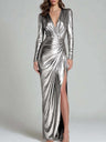 V-neck Long-sleeved Cross-over Wrap Dress With Pleats Cinched Waist High Slit And Long  Fitted Silhouette