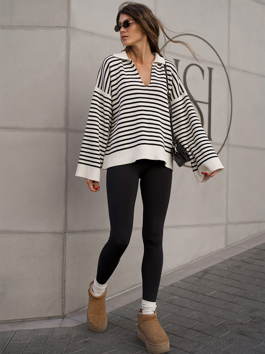 Black Striped Sweater With Collar, Long Sleeves, Loose Fit, Pullover Style.