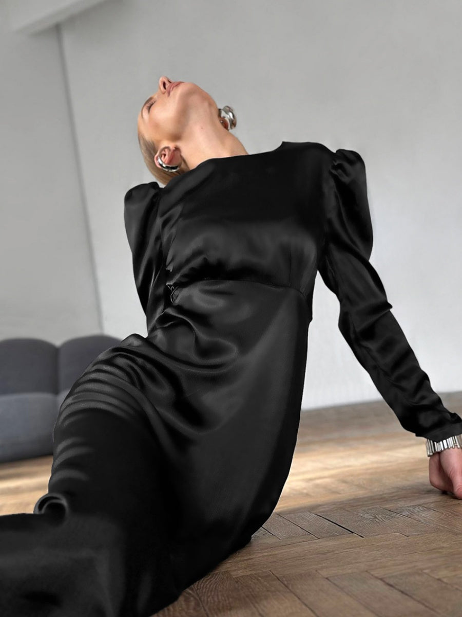 Crew Neck Long sleeve zipper Leg-of-mutton sleeve midi dress