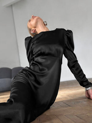 Crew Neck Long sleeve zipper Leg-of-mutton sleeve midi dress