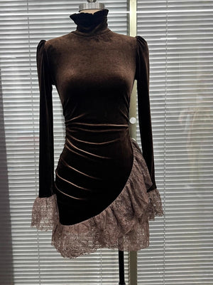 Lace-trimmed Velvet Long-sleeved Stand-collar Short Dress