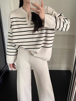Stylish Two-piece Set: Loose Striped Knit Top, Casual High-waisted Wide-leg Knit Pants