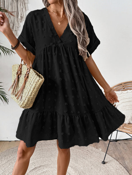 Ruffled Hem V-neck With Rolled-up Sleeves Mini&Short Dresses