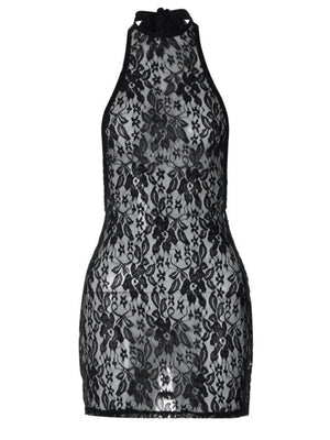 Black Lace Halter-neck Mini Dress With Exposed Hips