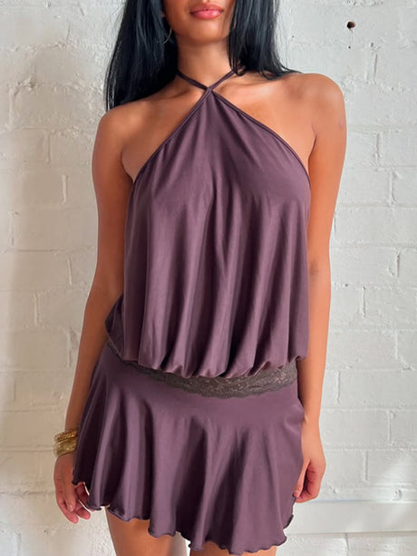 Lace Patchwork Halter Neck And Backless Mini&Short Dresses