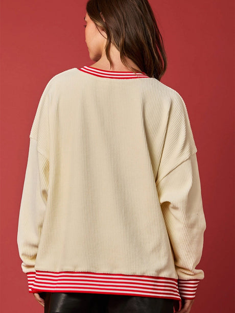 Christmas Sequined Santa Candy Corduroy Sweatshirt Colorblock Striped Top