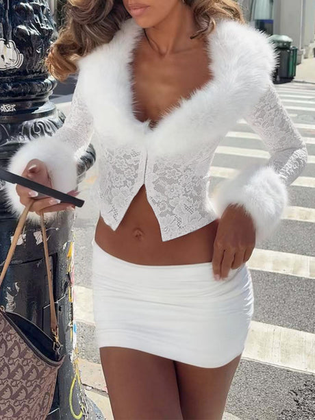 Lace Plush Long-sleeved Top And Short Skirt 2-piece Sets