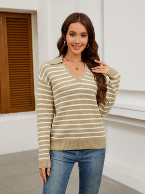 Liber Autumn Women's V-neck Contrasting colors Stripes Jacket Woolen