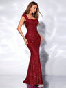 Square Neck Wrap hip mermaid  Sequins Maxi Dresses