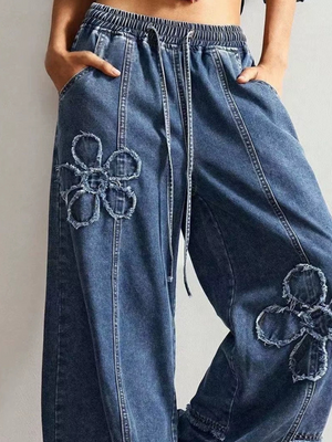 Women's Autumn/Winter Retro Washed Floral Appliqué Wide-Leg Jeans