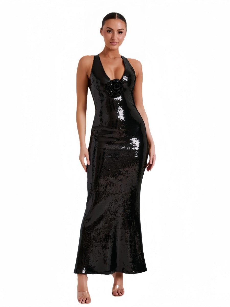 Halter Sequins V-neck Hip-length Dress
