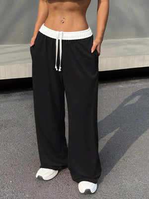Contrast Color Lace-up High Waist Pocket Wide Leg Long Casual Sweatpants Thick Trousers