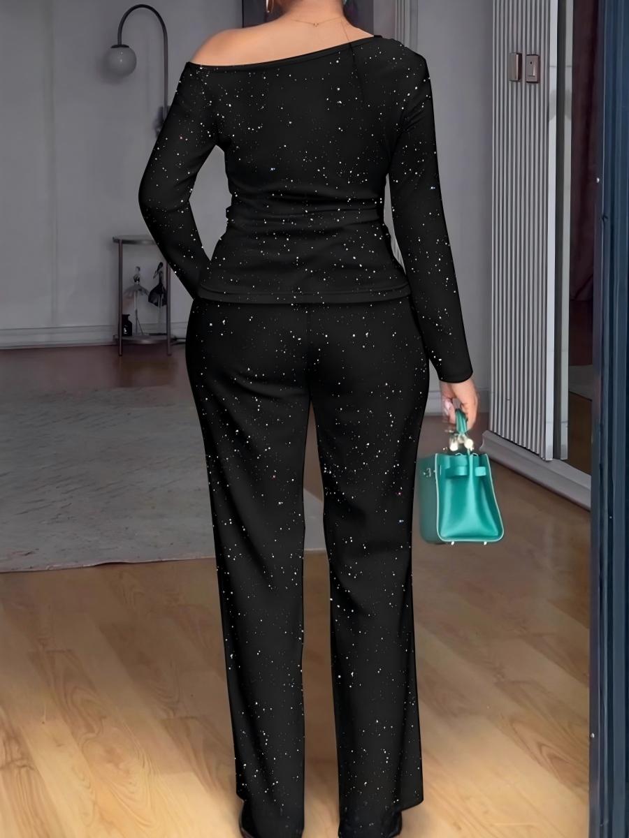 Sequined Lace Patchwork Long-sleeved Top And Wide-leg Pants 2-piece Sets