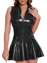 PVC Glossy Leather Umbrella Skirt Zipper Sleeveless Mini&Short Dresses