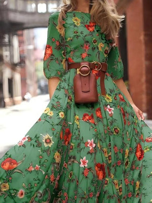 Floral Print Crew Neck Half Sleeves Maxi Dresses