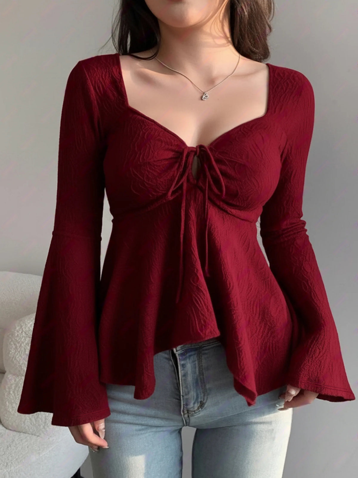 Bow Tie Long-sleeved T-shirt With Irregular Hem