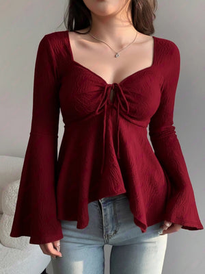 Bow Tie Long-sleeved T-shirt With Irregular Hem