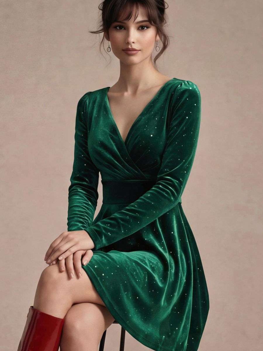 V-neck Solid Color Mini&Short Dresses
