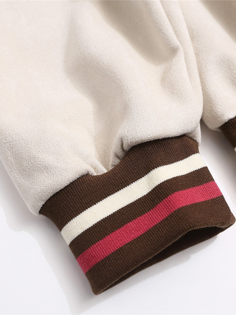 Retro Letter Embroidery Deerskin Fur Collar Plush Hooded Cardigan