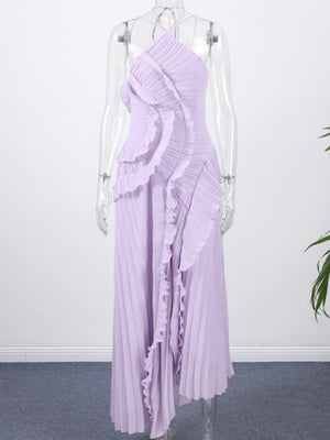 Ruffle Pleated Splicing Halter Neck Strap Maxi Dresses