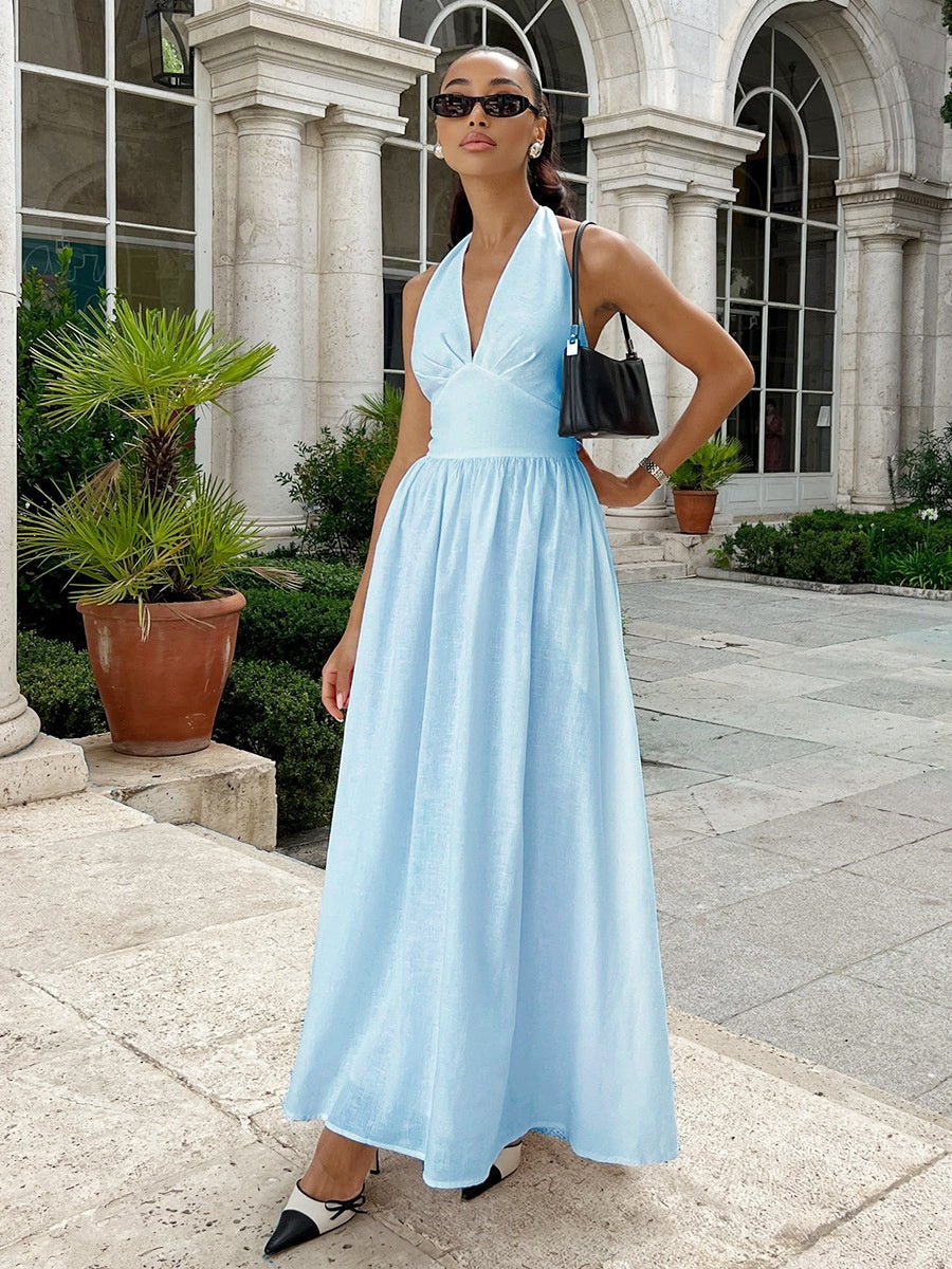 Halter V-neck Solid Color Maxi Dresses