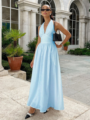 Halter V-neck Solid Color Maxi Dresses