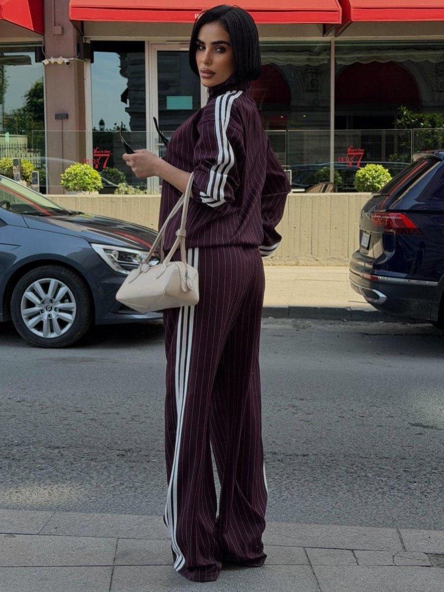Women's Vertical Striped Three-Stripe Tracksuit Stand-up Collar Zip-up Jacket And High-waisted Wide-leg Trousers Two-piece Set
