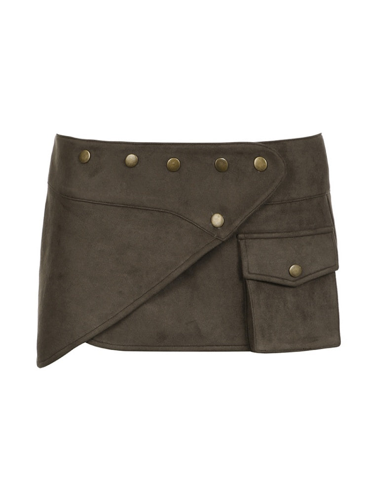 Suede Irregular Rivet Decoration Pocket Low-rise Skirts